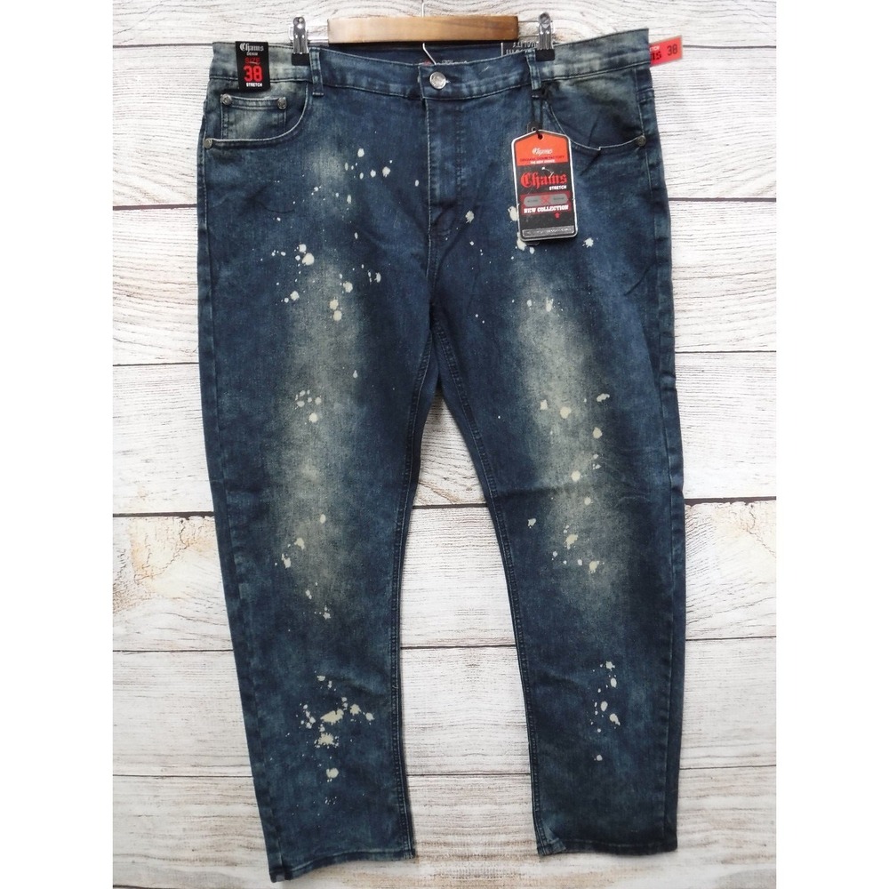 Chams Jeans Mens 40X32 Dirty Splatter‎ Slim Fit Stretch Blue New - Mis Tagged